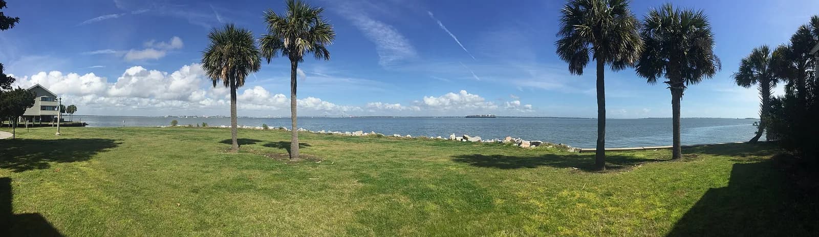 Panorama of Charleston Harbor from Fort Johnson on James Island, with palmettos on a lawn at the water's edge