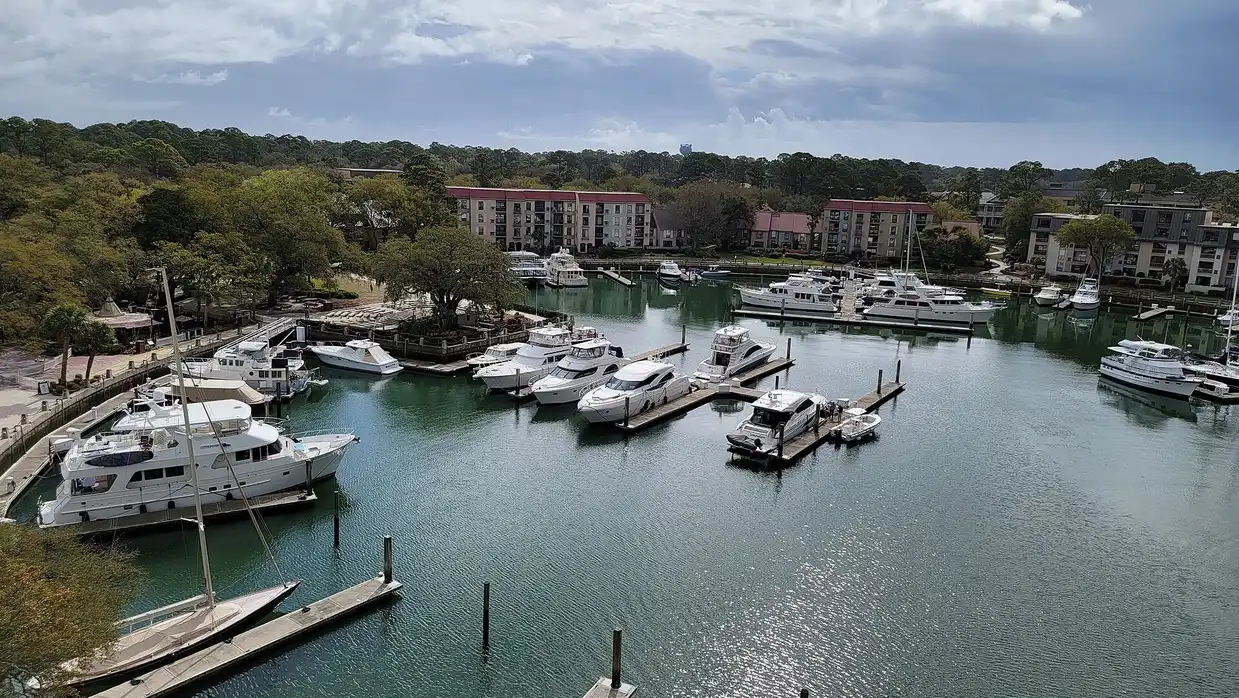 Yachts moored in the Harbour Town marina on Hilton Head Island, seen from above
