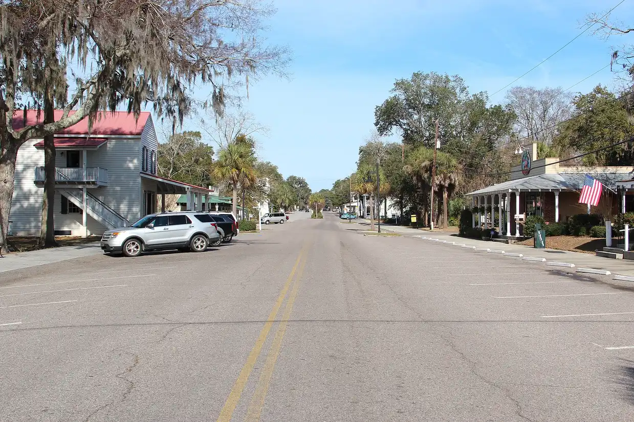 Paris Avenue in Port Royal, a quiet two-lane main street lined with live oaks, porches and small shops